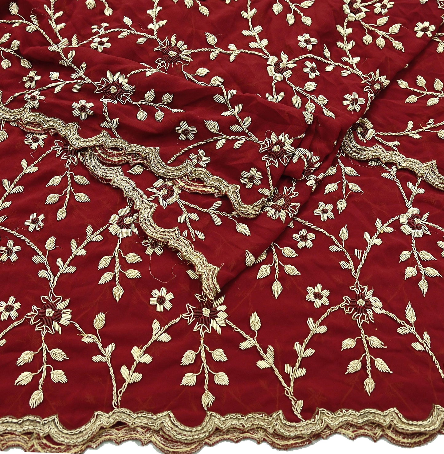 Indian Vintage Heavy Bridal Dupatta Maroon Pure Georgette Silk | Hand Embroidered Zardozi Zari Dabka Stole | Floral Wedding/Party Hijab Veil