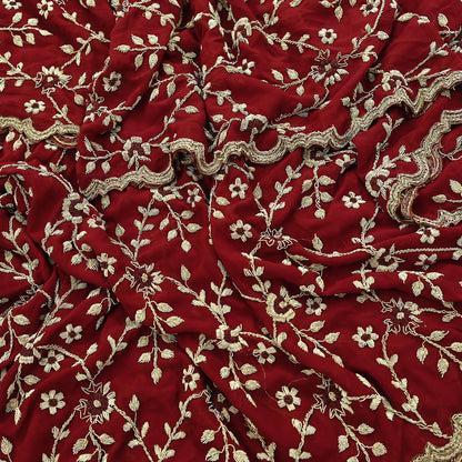 Indian Vintage Heavy Bridal Dupatta Maroon Pure Georgette Silk | Hand Embroidered Zardozi Zari Dabka Stole | Floral Wedding/Party Hijab Veil