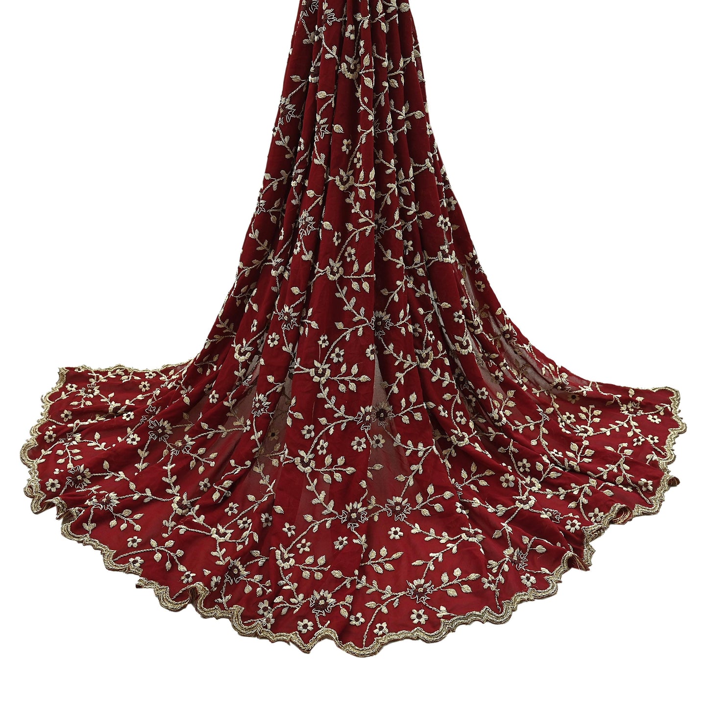 Indian Vintage Heavy Bridal Dupatta Maroon Pure Georgette Silk | Hand Embroidered Zardozi Zari Dabka Stole | Floral Wedding/Party Hijab Veil