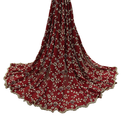 Indian Vintage Heavy Bridal Dupatta Maroon Pure Georgette Silk | Hand Embroidered Zardozi Zari Dabka Stole | Floral Wedding/Party Hijab Veil