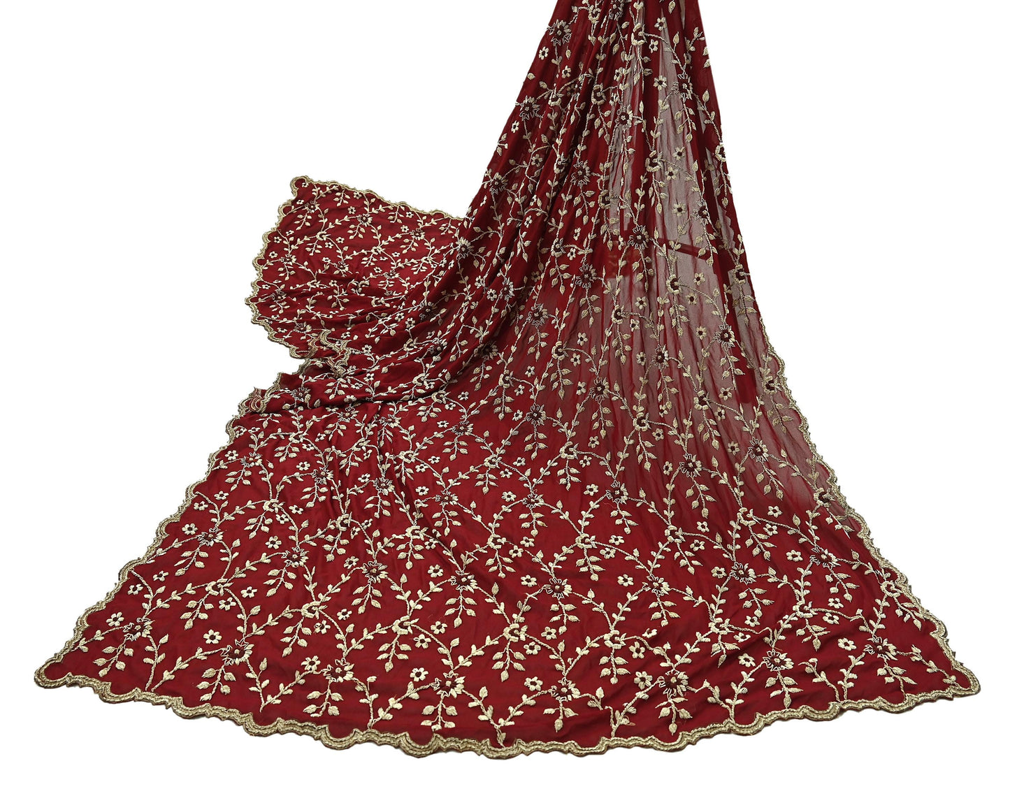 Indian Vintage Heavy Bridal Dupatta Maroon Pure Georgette Silk | Hand Embroidered Zardozi Zari Dabka Stole | Floral Wedding/Party Hijab Veil