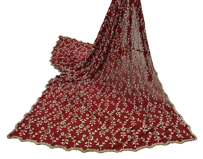 Indian Vintage Heavy Bridal Dupatta Maroon Pure Georgette Silk | Hand Embroidered Zardozi Zari Dabka Stole | Floral Wedding/Party Hijab Veil