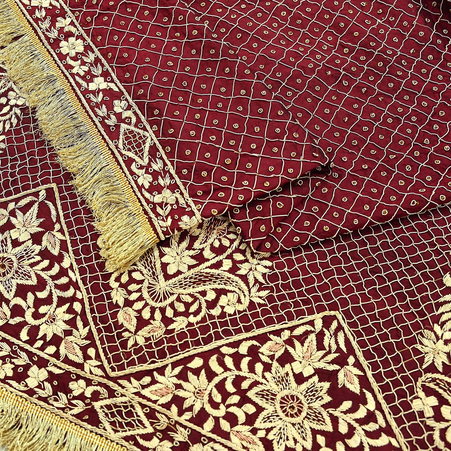 Indian Vintage Heavy Maroon Wedding Dupatta | Pure Silk | Hand Embroidered Zardozi, Dabka, Zari & Beaded Bridal Stole, Veil Scarves