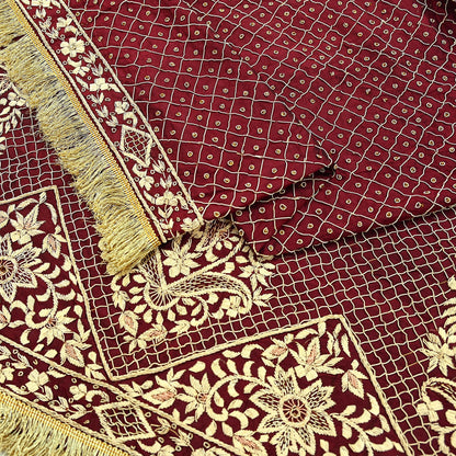 Indian Vintage Heavy Maroon Wedding Dupatta | Pure Silk | Hand Embroidered Zardozi, Dabka, Zari & Beaded Bridal Stole, Veil Scarves