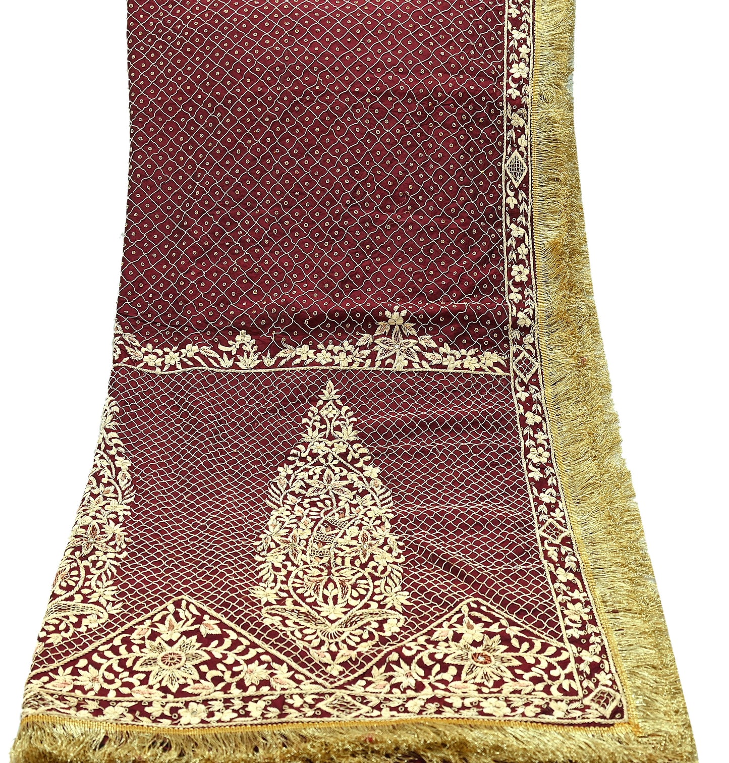 Indian Vintage Heavy Maroon Wedding Dupatta | Pure Silk | Hand Embroidered Zardozi, Dabka, Zari & Beaded Bridal Stole, Veil Scarves