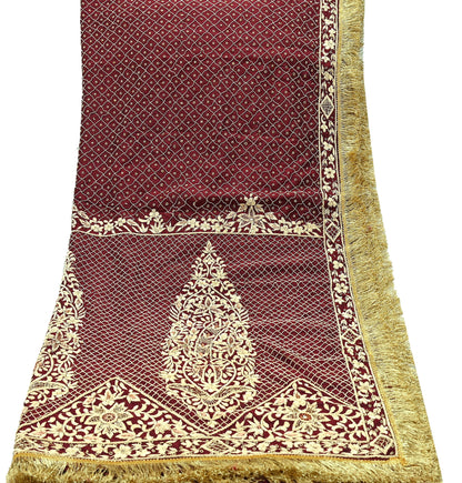 Indian Vintage Heavy Maroon Wedding Dupatta | Pure Silk | Hand Embroidered Zardozi, Dabka, Zari & Beaded Bridal Stole, Veil Scarves