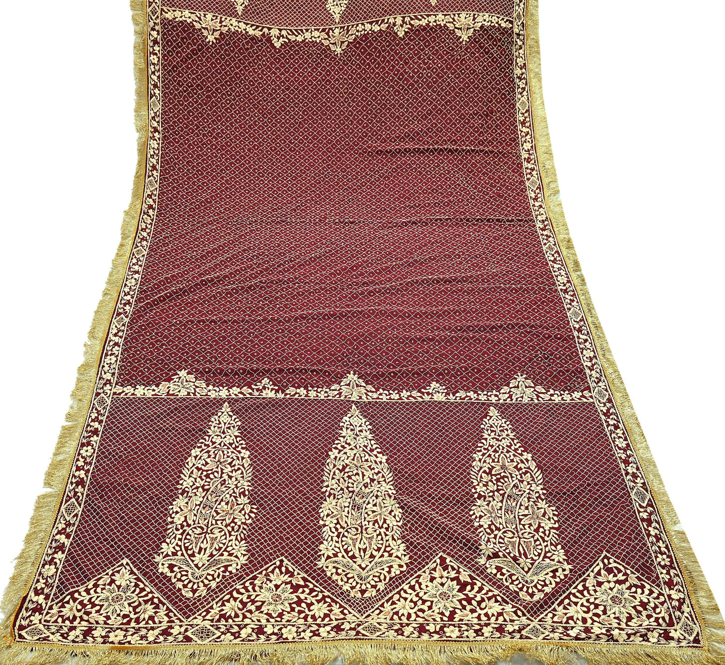 Indian Vintage Heavy Maroon Wedding Dupatta | Pure Silk | Hand Embroidered Zardozi, Dabka, Zari & Beaded Bridal Stole, Veil Scarves