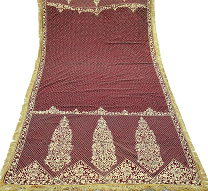 Indian Vintage Heavy Maroon Wedding Dupatta | Pure Silk | Hand Embroidered Zardozi, Dabka, Zari & Beaded Bridal Stole, Veil Scarves