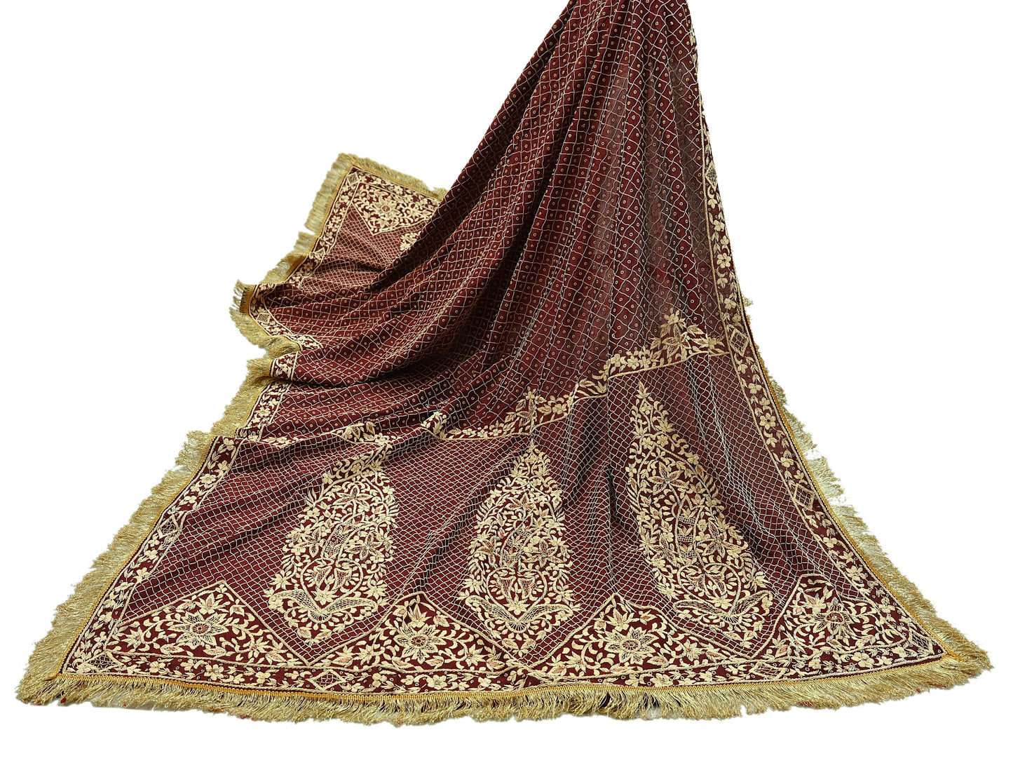 Indian Vintage Heavy Maroon Wedding Dupatta | Pure Silk | Hand Embroidered Zardozi, Dabka, Zari & Beaded Bridal Stole, Veil Scarves
