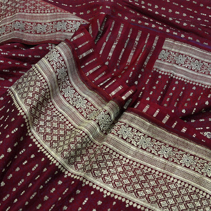 Vintage Banarasi Saree Pure Satin Silk Woven Brocade Zari Fabric Maroon Heavy Craft Sari 5 Yards Indian Antique Textile Dress Making