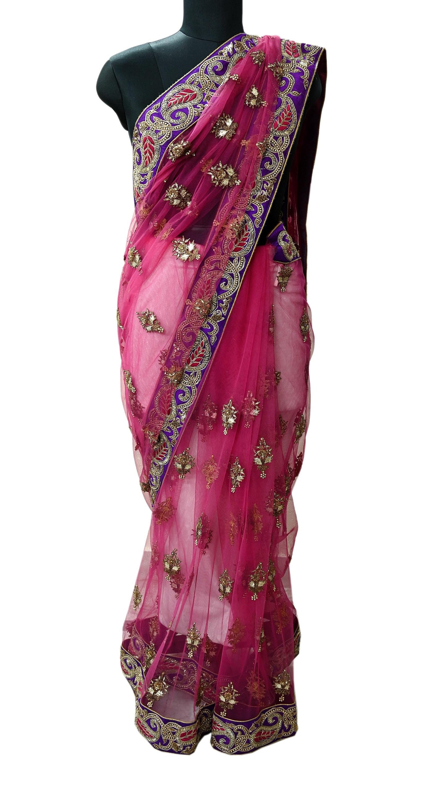 Indian New Saree Pink Mesh/Net Hand Embroidered Sabyasachi Designer Sari 6Yd Soft Ethnic Bollywood Party saree With Blouse Fabric