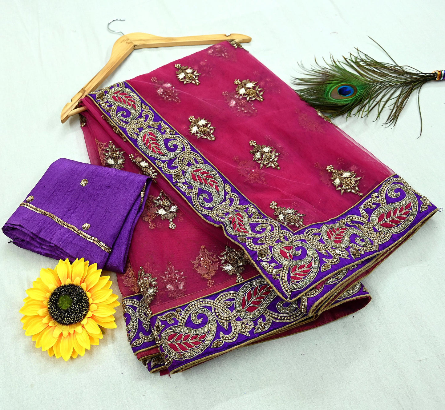 Indian New Saree Pink Mesh/Net Hand Embroidered Sabyasachi Designer Sari 6Yd Soft Ethnic Bollywood Party saree With Blouse Fabric