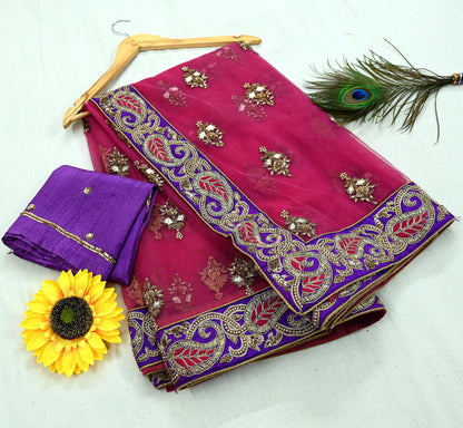 Indian New Saree Pink Mesh/Net Hand Embroidered Sabyasachi Designer Sari 6Yd Soft Ethnic Bollywood Party saree With Blouse Fabric