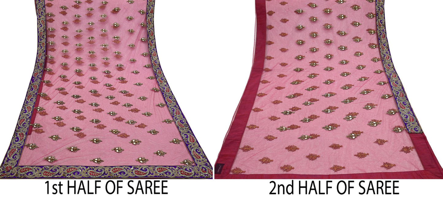 Indian New Saree Pink Mesh/Net Hand Embroidered Sabyasachi Designer Sari 6Yd Soft Ethnic Bollywood Party saree With Blouse Fabric