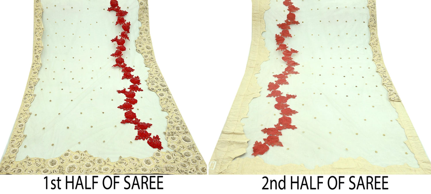Indian Pre-Owned Heavy Sari Ivory Net/Mesh Hand Embroidered Sarees Designer Abu Jani 6Yd Sewing Ethnic Sequins Wedding/Party wear Saree