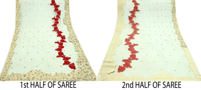 Indian Pre-Owned Heavy Sari Ivory Net/Mesh Hand Embroidered Sarees Designer Abu Jani 6Yd Sewing Ethnic Sequins Wedding/Party wear Saree