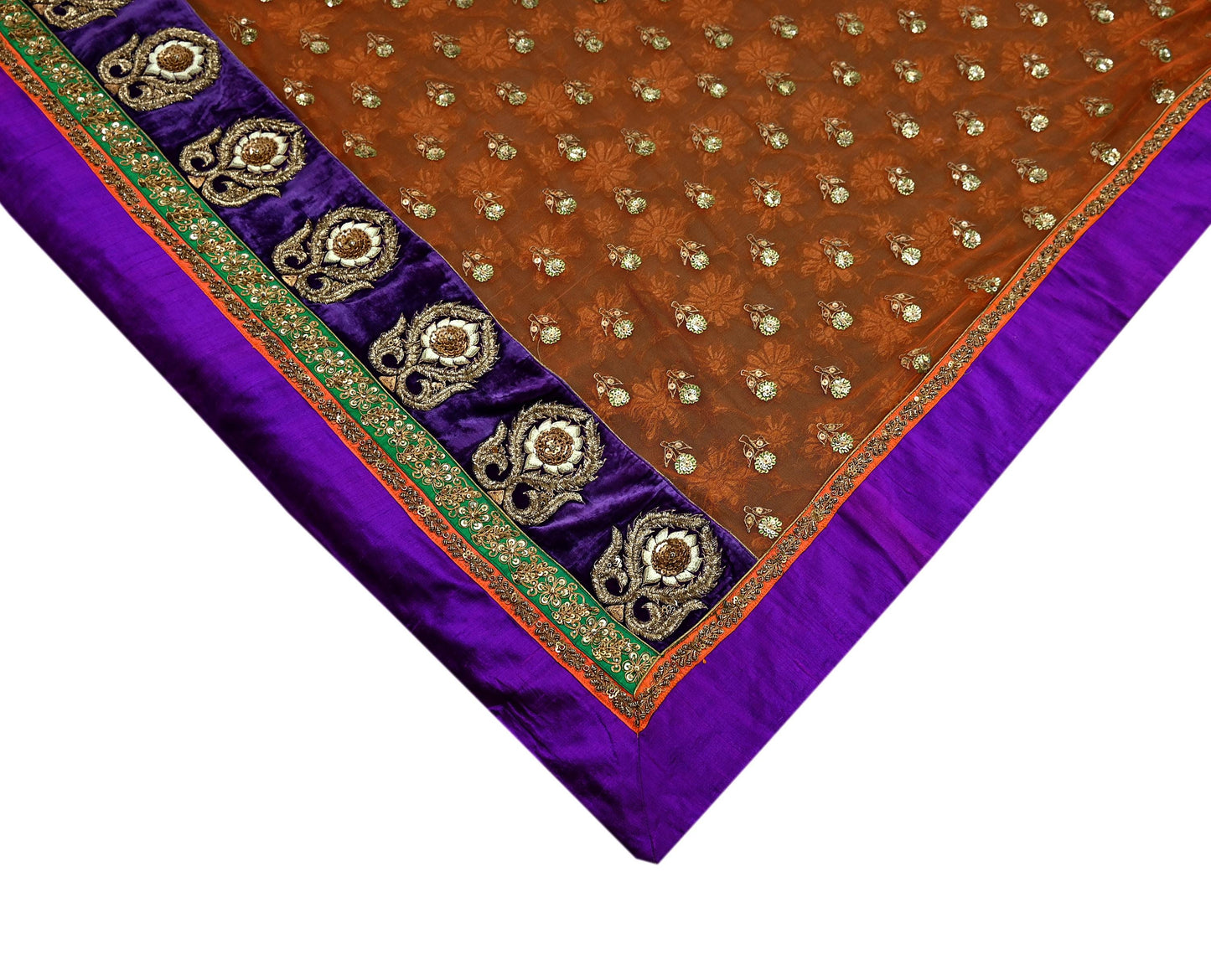 Indian Pre-Owned Sari Orange & Purple Net/Mesh Hand Embroidered Designer Sabyasachi Lehenga Sarees Ethnic Zardozi/Dabka Zari Wedding Sarees