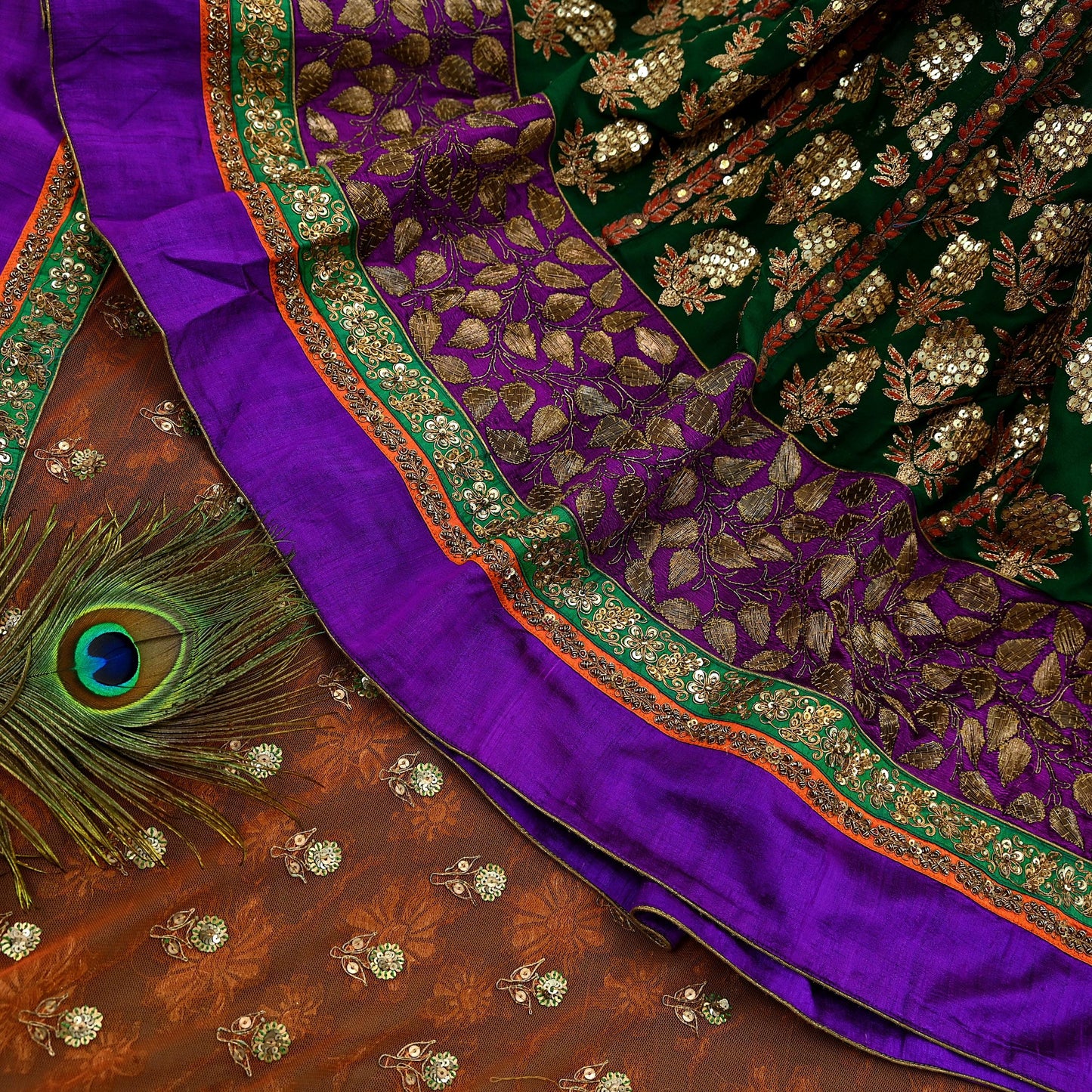 Indian Pre-Owned Sari Orange & Purple Net/Mesh Hand Embroidered Designer Sabyasachi Lehenga Sarees Ethnic Zardozi/Dabka Zari Wedding Sarees