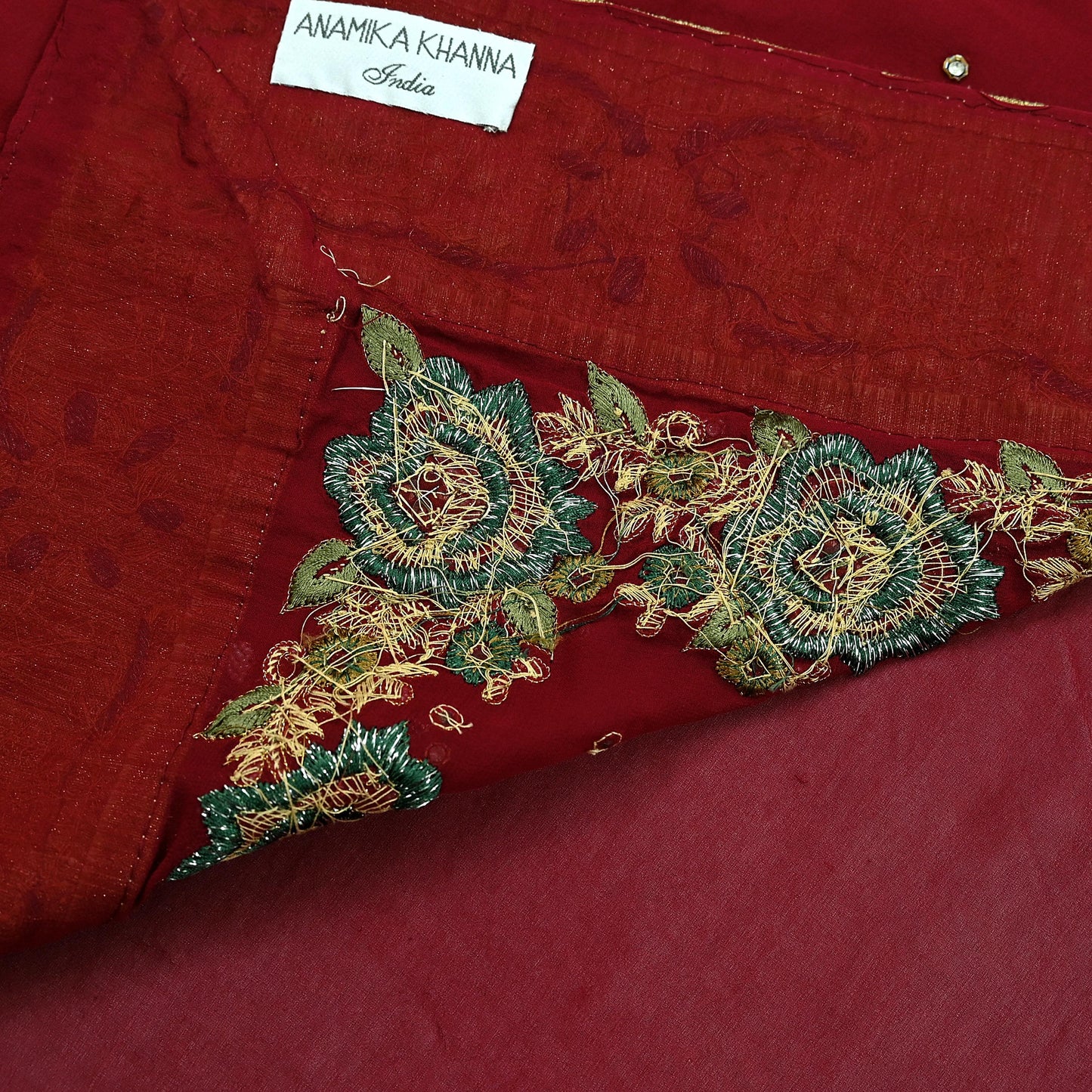 Indian Pre-owned Sari Red Pure Georgette Silk Hand Embroidered Anamika Khanna Designer Sarees Ethnic 6Yd Sewing  Zardozi Wedding Sarees
