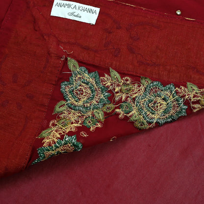 Indian Pre-owned Sari Red Pure Georgette Silk Hand Embroidered Anamika Khanna Designer Sarees Ethnic 6Yd Sewing  Zardozi Wedding Sarees