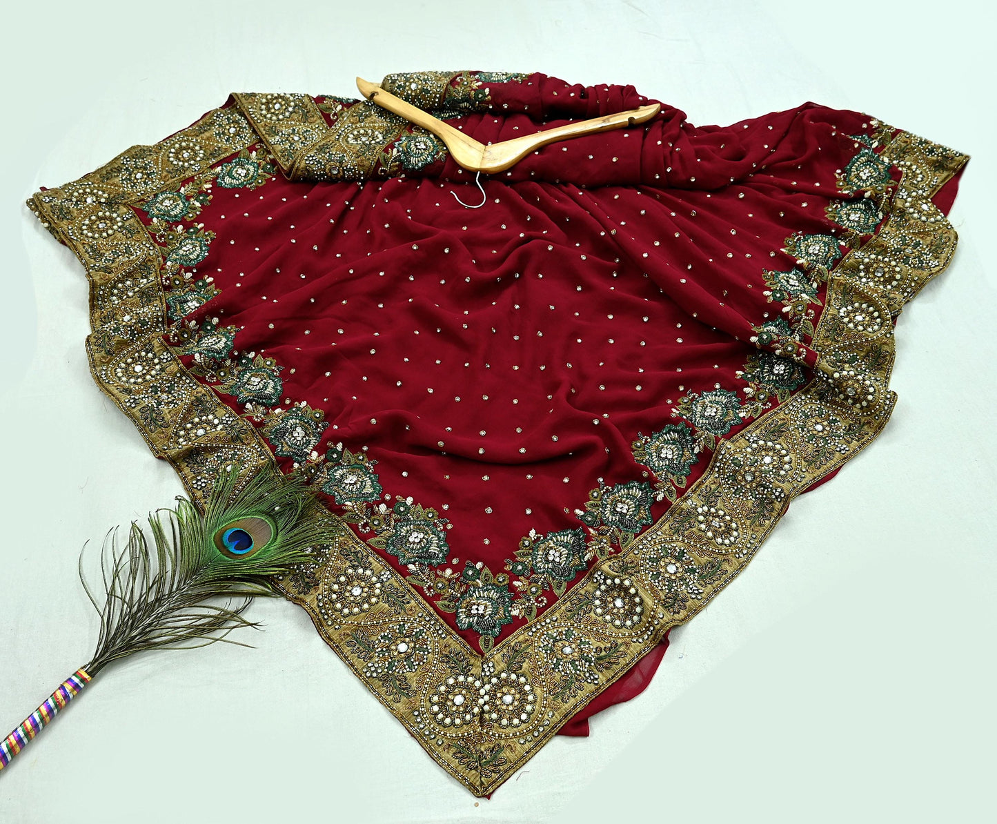Indian Pre-owned Sari Red Pure Georgette Silk Hand Embroidered Anamika Khanna Designer Sarees Ethnic 6Yd Sewing  Zardozi Wedding Sarees