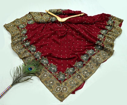 Indian Pre-owned Sari Red Pure Georgette Silk Hand Embroidered Anamika Khanna Designer Sarees Ethnic 6Yd Sewing  Zardozi Wedding Sarees