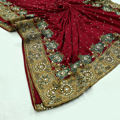 Indian Pre-owned Sari Red Pure Georgette Silk Hand Embroidered Anamika Khanna Designer Sarees Ethnic 6Yd Sewing  Zardozi Wedding Sarees