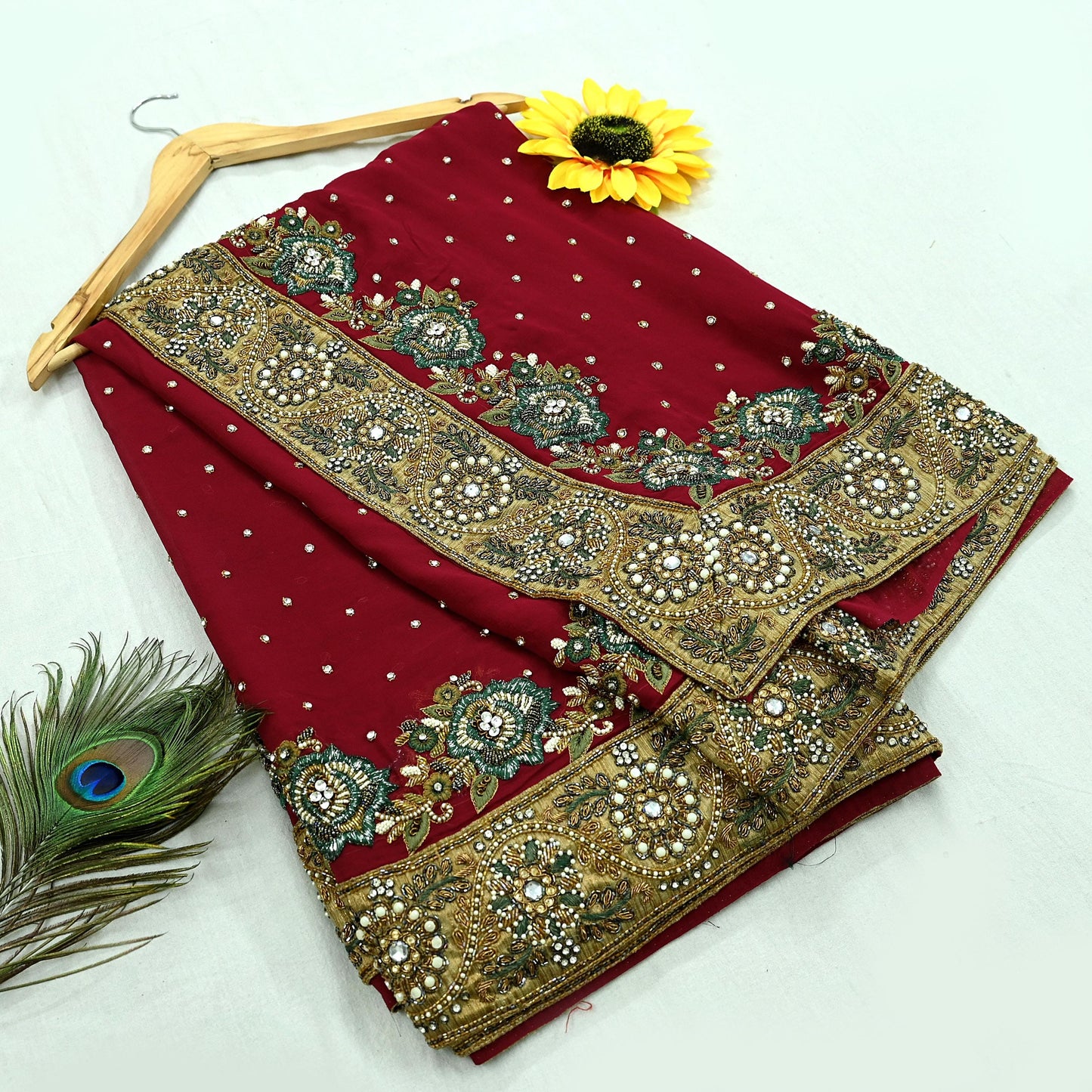 Indian Pre-owned Sari Red Pure Georgette Silk Hand Embroidered Anamika Khanna Designer Sarees Ethnic 6Yd Sewing  Zardozi Wedding Sarees