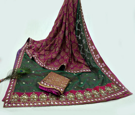 Indian New Sari Green & Purple Net/Mesh Hand Embroidered Designer Sabyasachi Sarees 6yd Ethnic Zardozi/Dabka Zari With Blouse Fabric