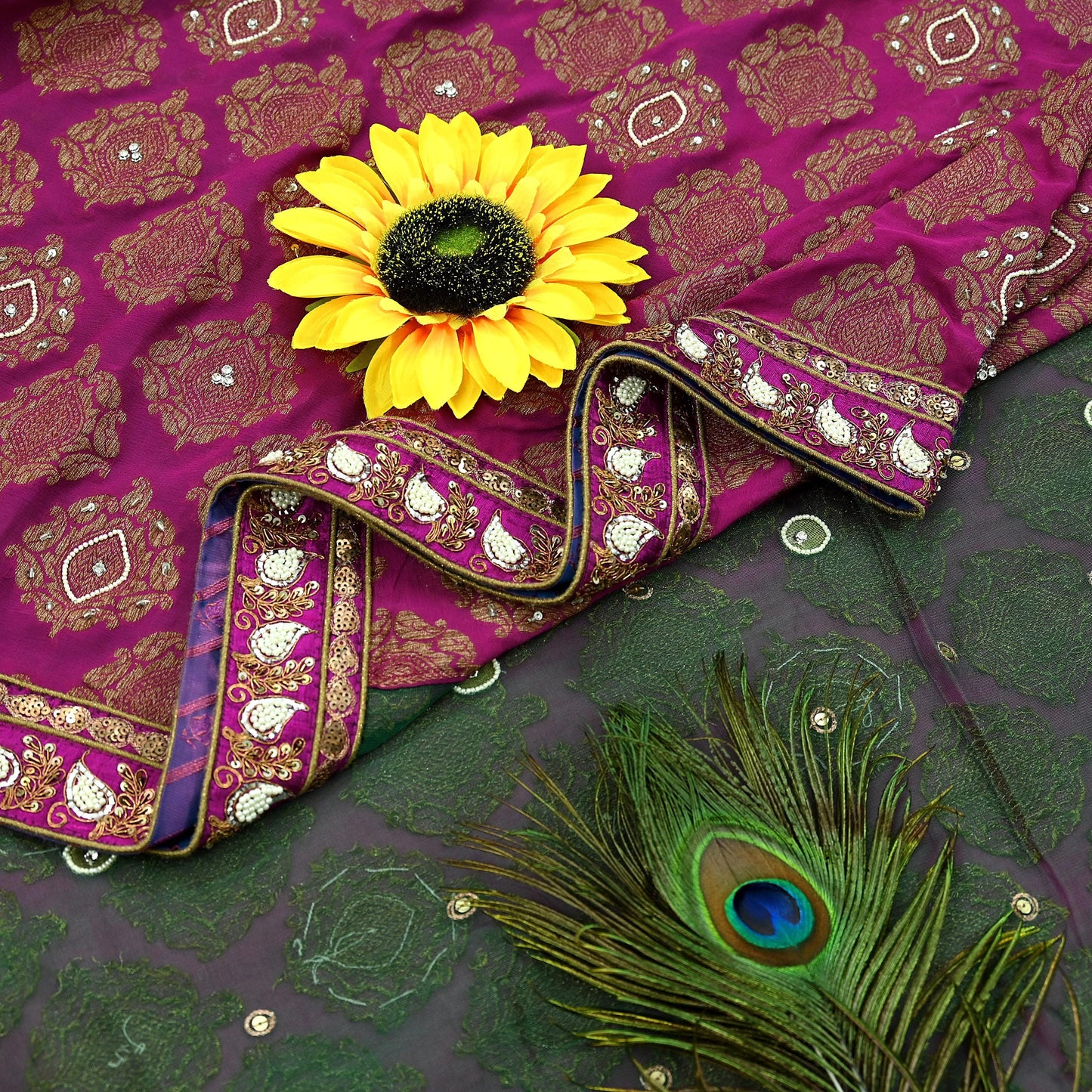 Indian New Sari Green & Purple Net/Mesh Hand Embroidered Designer Sabyasachi Sarees 6yd Ethnic Zardozi/Dabka Zari With Blouse Fabric