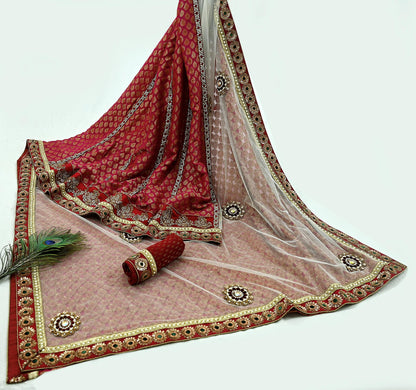 Indian New Sari White & Pink Net/Mesh Hand Embroidered Designer Sabyasachi Lehenga Sarees 5yd Ethnic Zardozi/Dabka Zari With Blouse Fabric