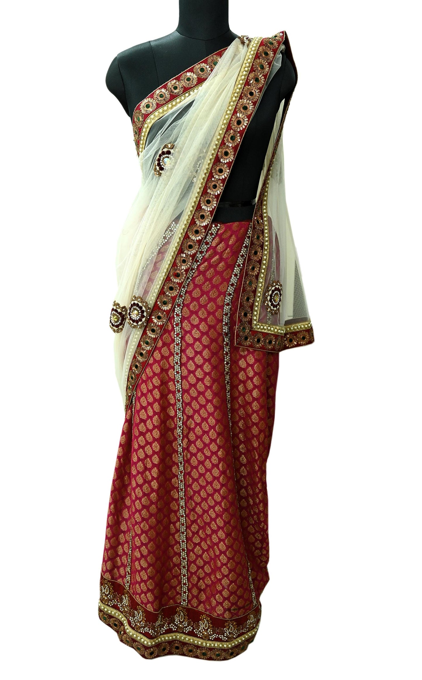 Indian New Sari White & Pink Net/Mesh Hand Embroidered Designer Sabyasachi Lehenga Sarees 5yd Ethnic Zardozi/Dabka Zari With Blouse Fabric