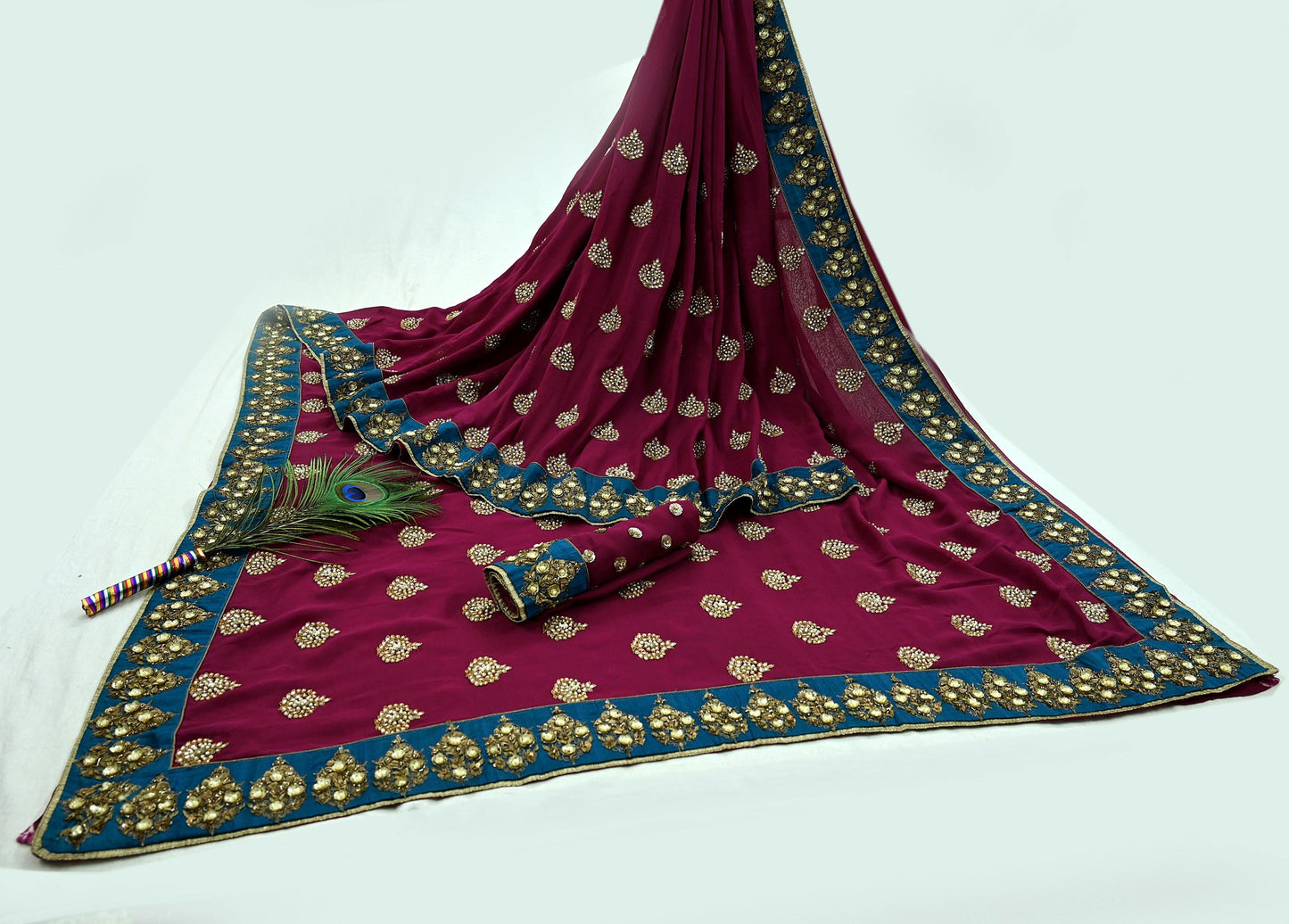 Indian Heavy Sari Maroon Pure Georgette Silk Hand Embroidered Sarees Designer Sabyasachi 6Yd Sewing Ethnic Sarees With Blouse Fabric