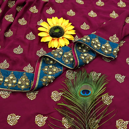 Indian Heavy Sari Maroon Pure Georgette Silk Hand Embroidered Sarees Designer Sabyasachi 6Yd Sewing Ethnic Sarees With Blouse Fabric