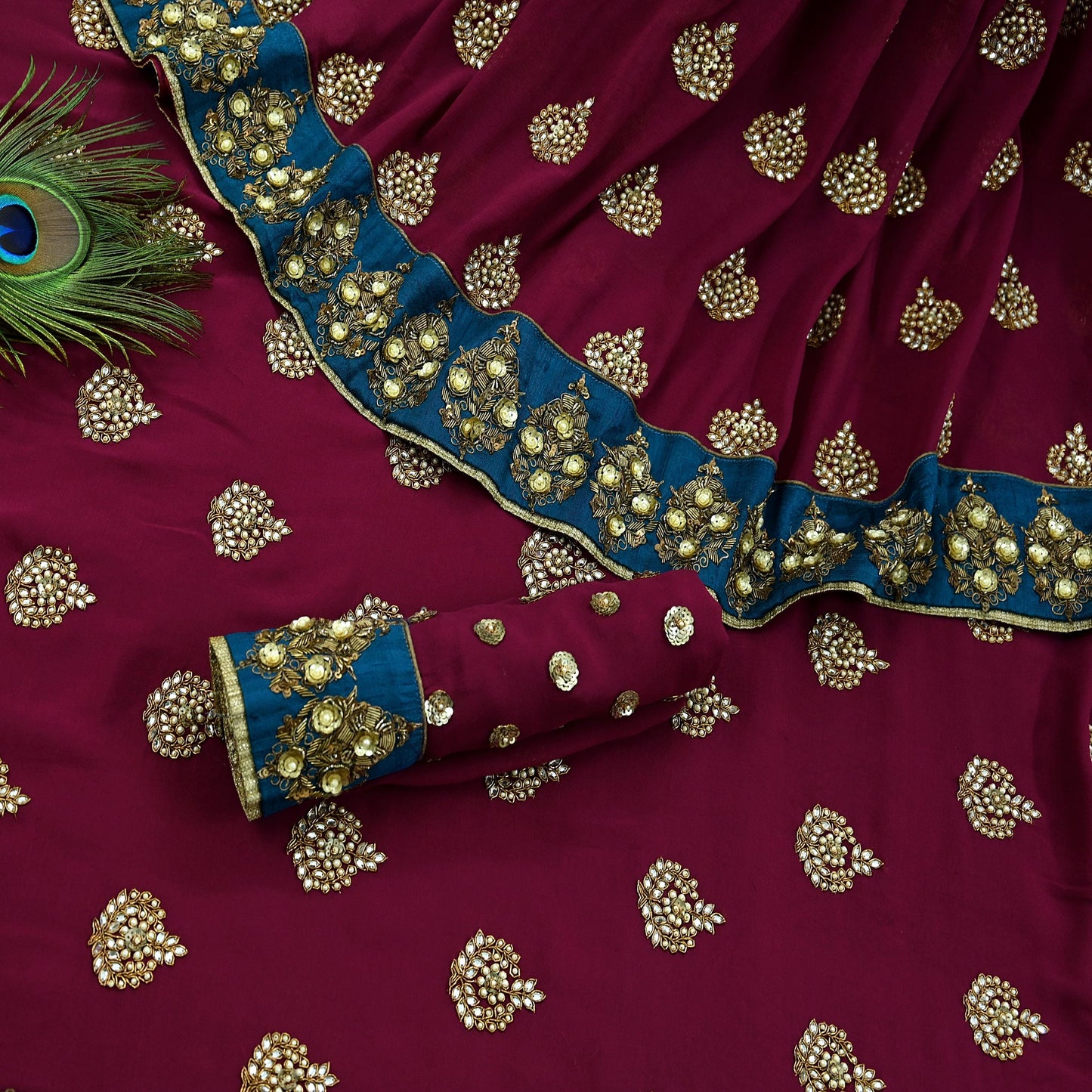 Indian Heavy Sari Maroon Pure Georgette Silk Hand Embroidered Sarees Designer Sabyasachi 6Yd Sewing Ethnic Sarees With Blouse Fabric