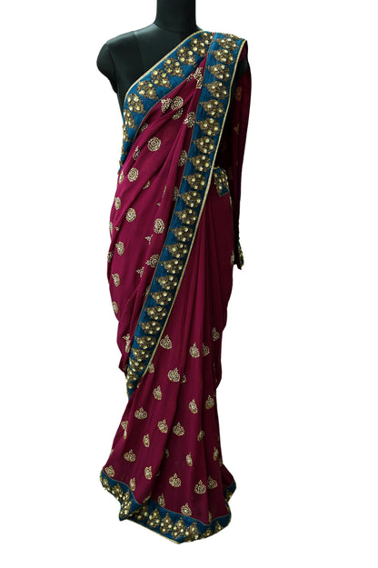 Indian Heavy Sari Maroon Pure Georgette Silk Hand Embroidered Sarees Designer Sabyasachi 6Yd Sewing Ethnic Sarees With Blouse Fabric