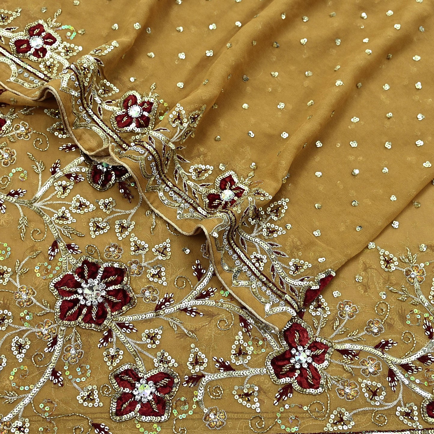 Indian Vintage Beige Dupatta Pure Georgette silk Long Stole Hand Embroidered Scarves Stole Veil Wrap Sequins