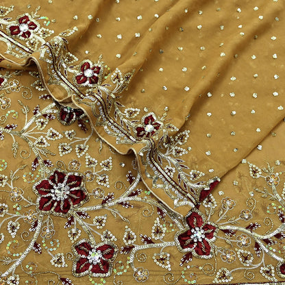 Indian Vintage Beige Dupatta Pure Georgette silk Long Stole Hand Embroidered Scarves Stole Veil Wrap Sequins