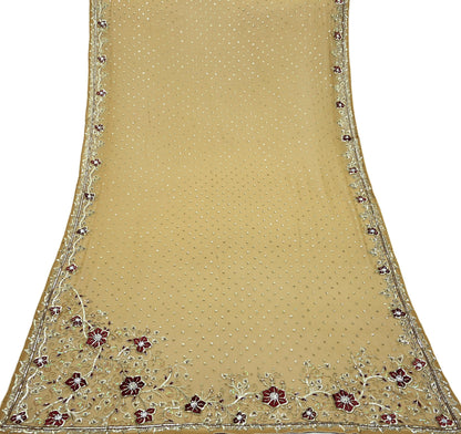 Indian Vintage Beige Dupatta Pure Georgette silk Long Stole Hand Embroidered Scarves Stole Veil Wrap Sequins