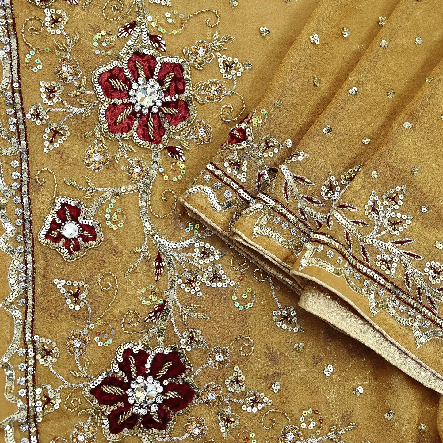 Indian Vintage Beige Dupatta Pure Georgette silk Long Stole Hand Embroidered Scarves Stole Veil Wrap Sequins