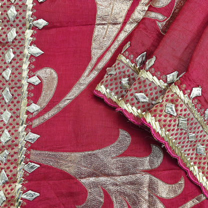 Indian Vintage Dupatta Pink Long Stole Hand Woven Chanderi Scarf Veil Soft Floral Zari Boho