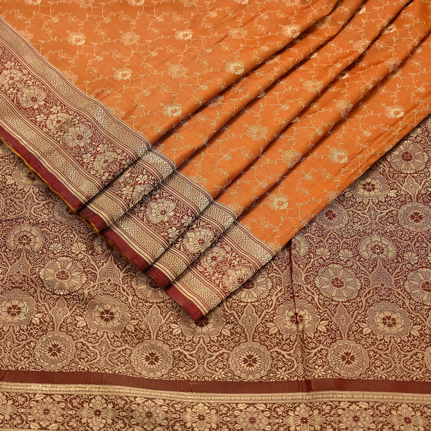 Indian Vintage Sari | Brown & Saffron | Pure Silk Woven Brocade | 5 Yards Craft Fabric Ethnic Sewing Crafting Quilting Dress making