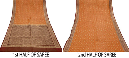 Indian Vintage Sari | Brown & Saffron | Pure Silk Woven Brocade | 5 Yards Craft Fabric Ethnic Sewing Crafting Quilting Dress making