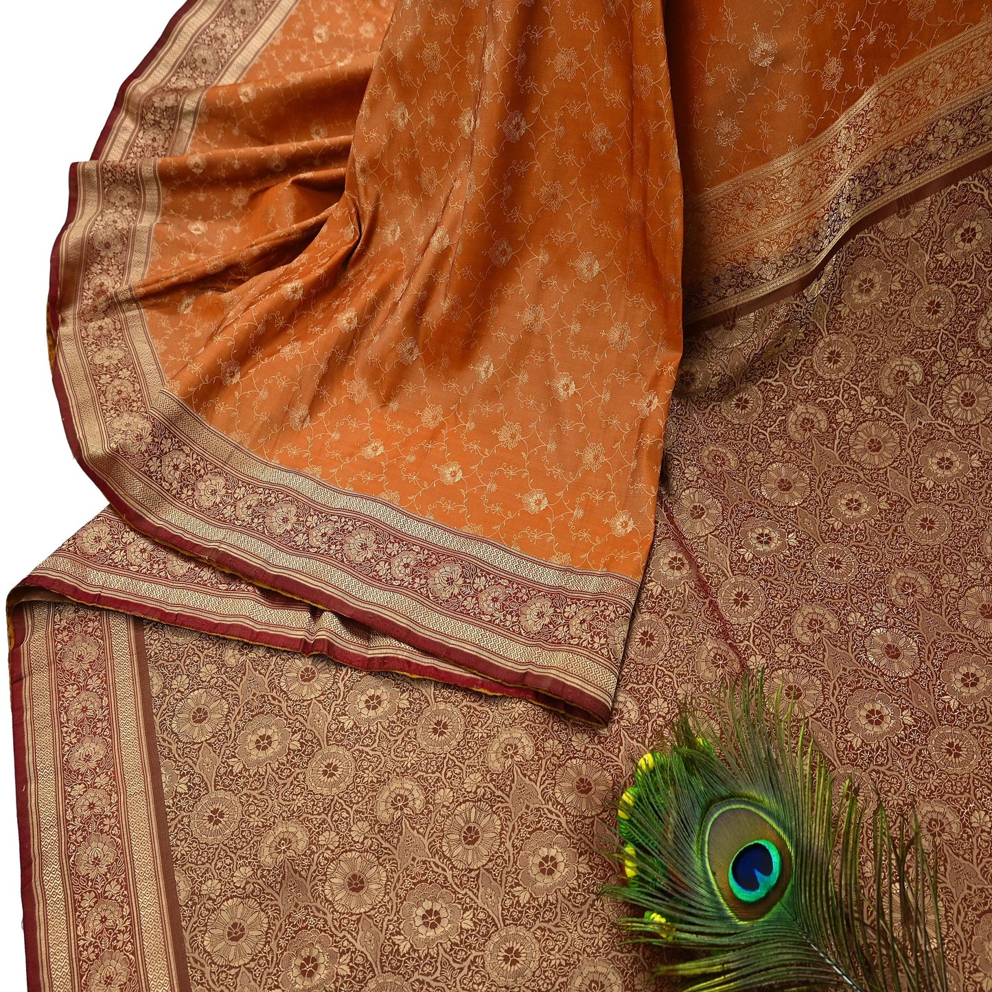 Indian Vintage Sari | Brown & Saffron | Pure Silk Woven Brocade | 5 Yards Craft Fabric Ethnic Sewing Crafting Quilting Dress making