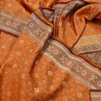 Indian Vintage Sari | Brown & Saffron | Pure Silk Woven Brocade | 5 Yards Craft Fabric Ethnic Sewing Crafting Quilting Dress making
