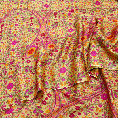 Indian Vintage Saree Beige Moss Crepe Printed Sari | 5 Yards | Floral Soft Fabric for Sewing, Dressmaking, Crafting, Quilting