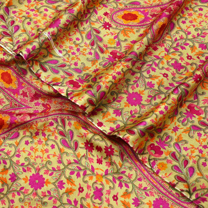 Indian Vintage Saree Beige Moss Crepe Printed Sari | 5 Yards | Floral Soft Fabric for Sewing, Dressmaking, Crafting, Quilting