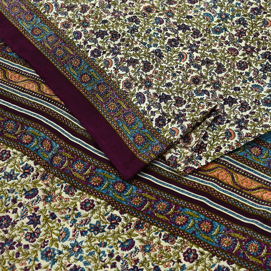 Indian Vintage Saree Ivory & Purple Moss Crepe Printed Sari | 5 Yards | Floral Soft Fabric for Sewing, Dressmaking, Crafting, Quilting