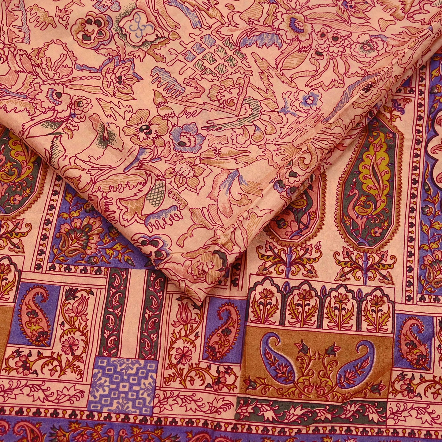Indian Vintage Peach Pure Silk Printed Saree | 5 Yards | Soft Floral Fabric for Dressmaking, Quilting, Crafting, Sewing & Upcycling