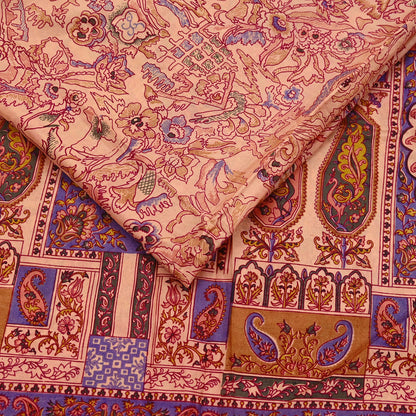Indian Vintage Peach Pure Silk Printed Saree | 5 Yards | Soft Floral Fabric for Dressmaking, Quilting, Crafting, Sewing & Upcycling